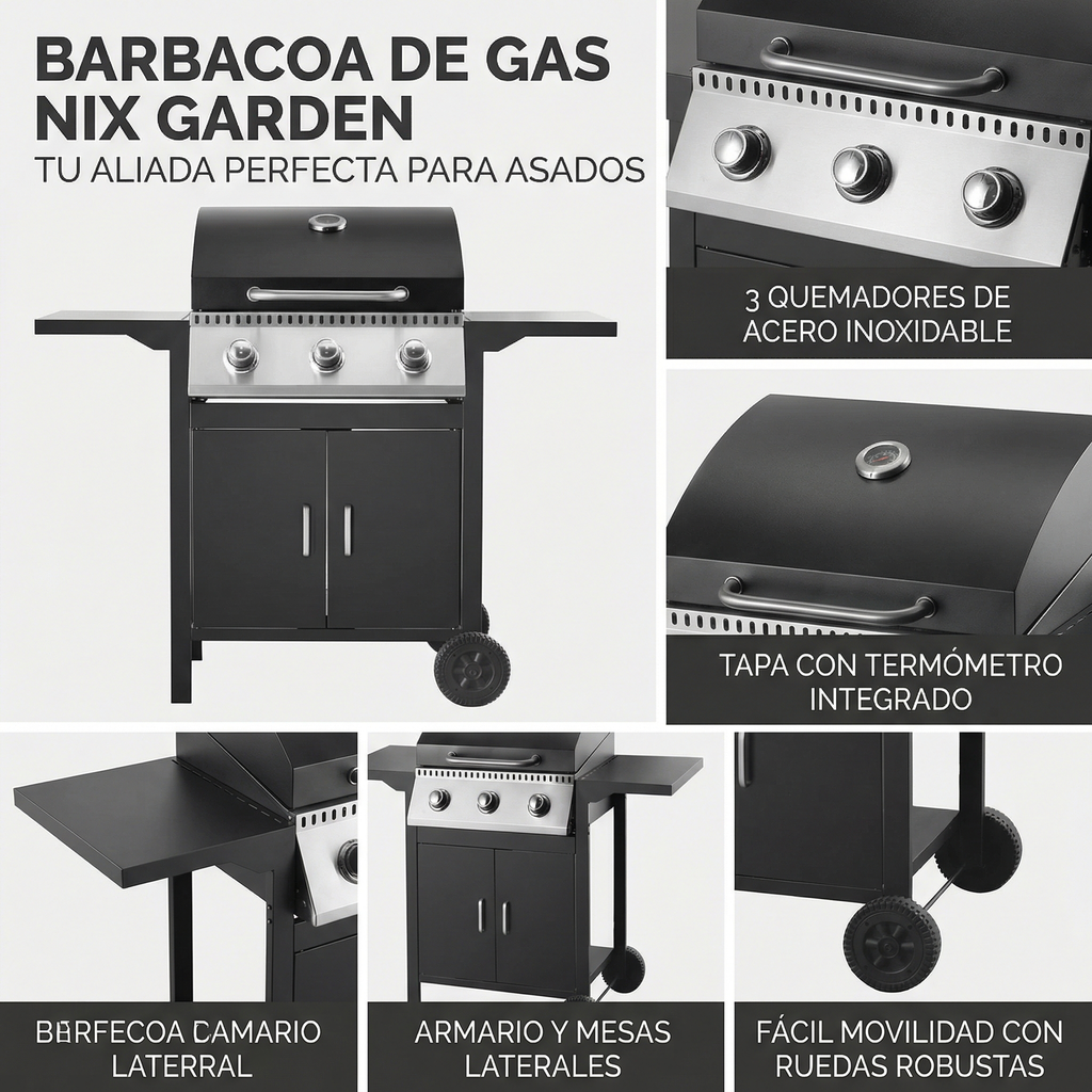 Barbacoa de gas 3 fuegos para jardín y terraza