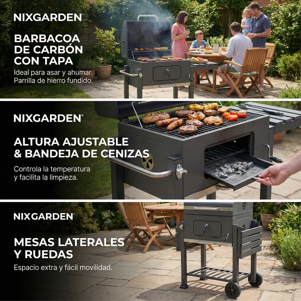 Barbacoa de carbón con ruedas para jardín y terraza con parrilla 57x42 cm
