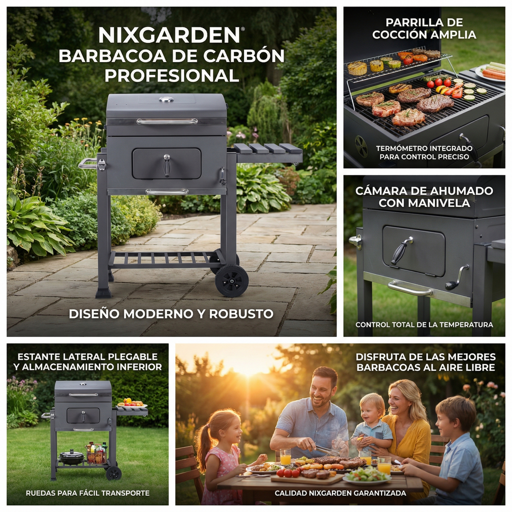 Barbacoa de carbón con ruedas para jardín y terraza con parrilla 57x42 cm