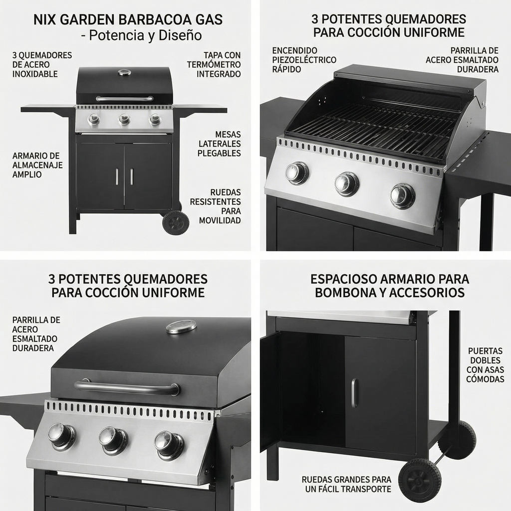 Barbacoa de gas 3 fuegos para jardín y terraza
