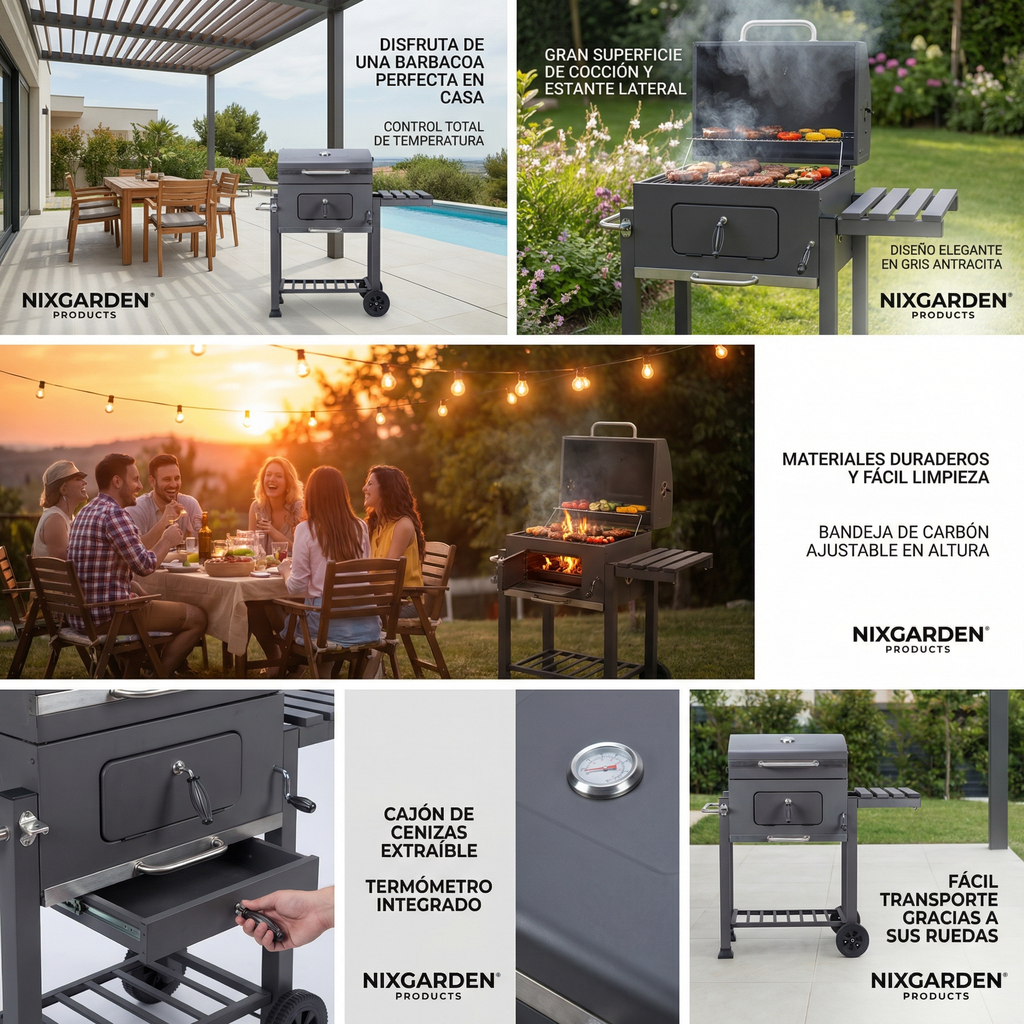 Barbacoa de carbón con ruedas para jardín y terraza con parrilla 57x42 cm