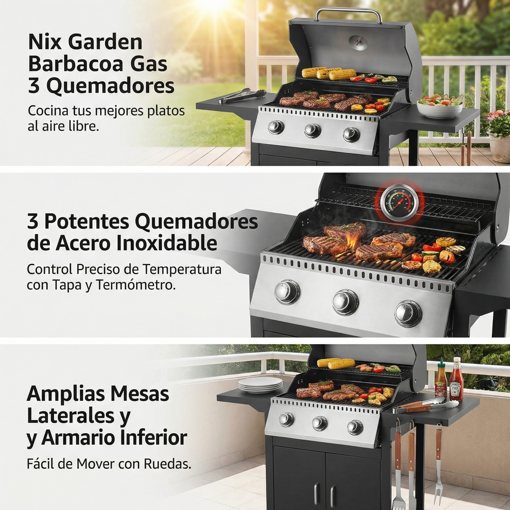 Barbacoa de gas 3 fuegos para jardín y terraza