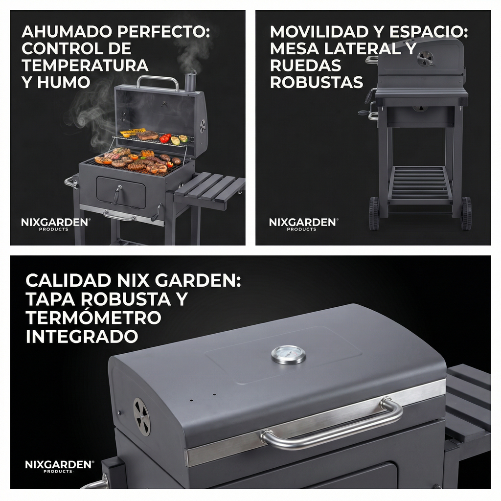 Barbacoa de carbón con ruedas para jardín y terraza con parrilla 57x42 cm