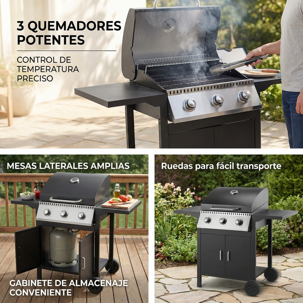 Barbacoa de gas 3 fuegos para jardín y terraza