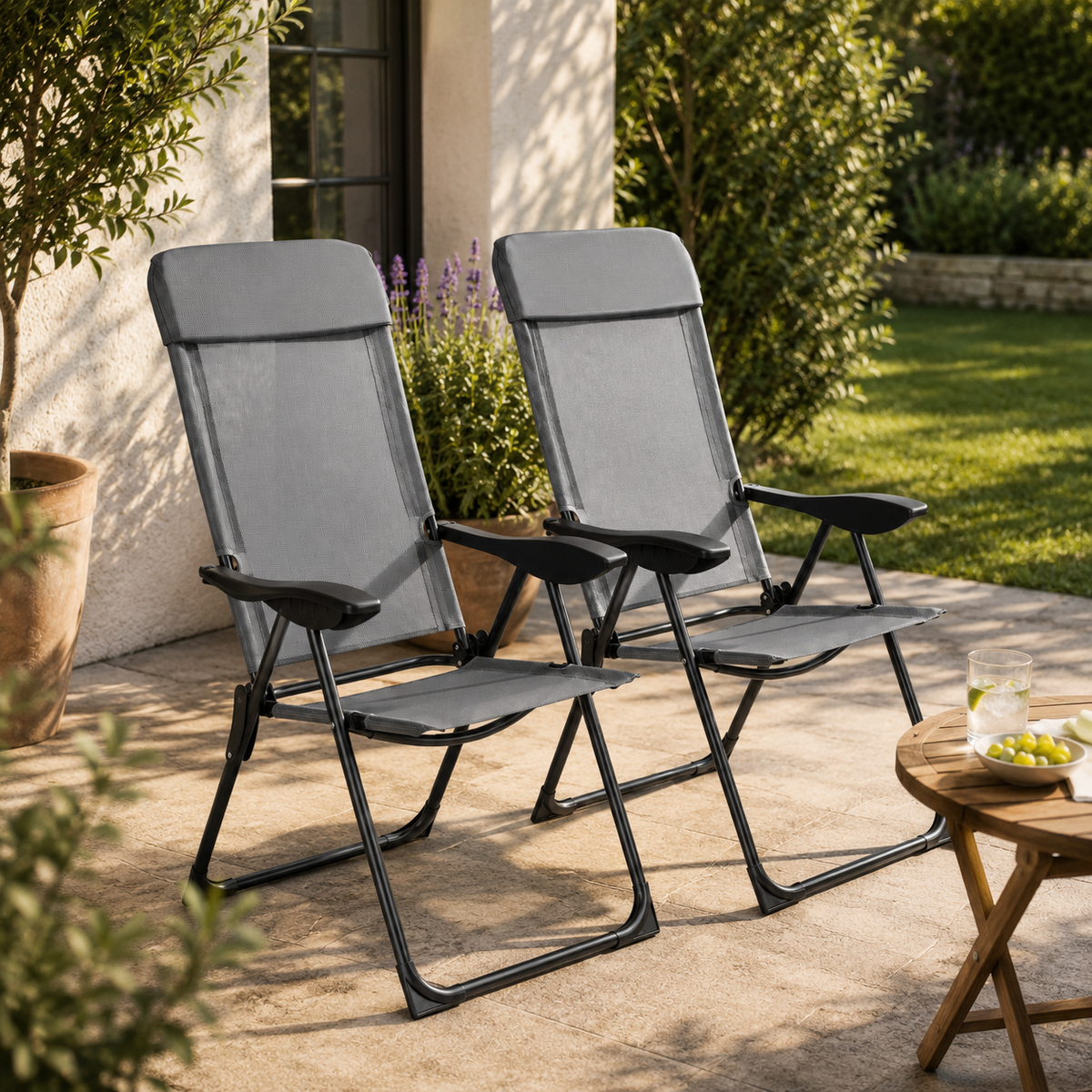 Pack de 2 Sillas Plegables Reclinables 7 Posiciones Respaldo Alto Exterior