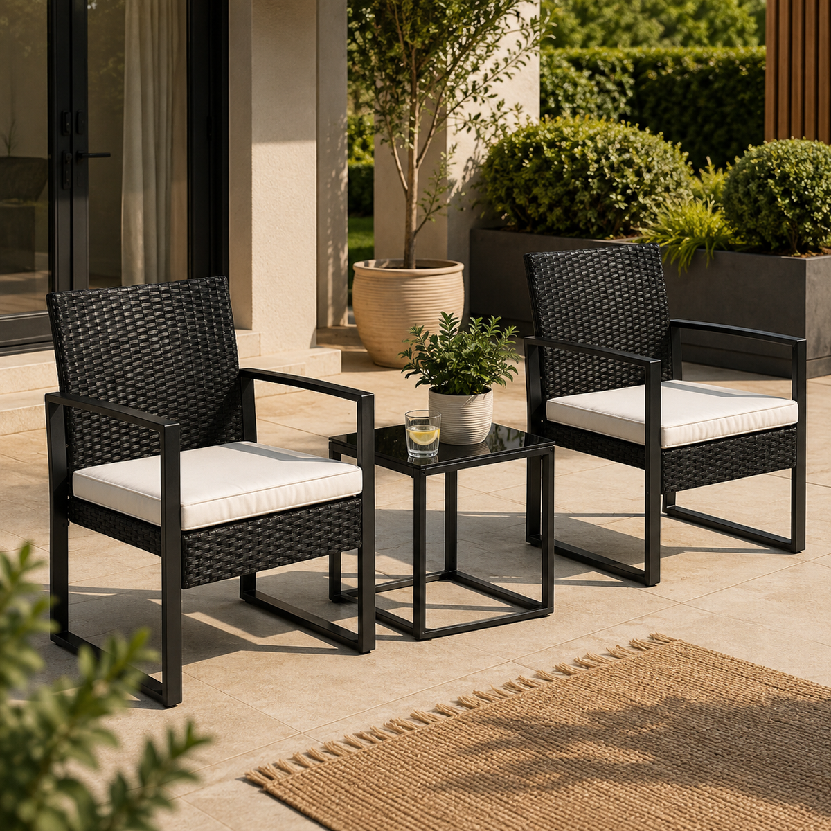 Ensemble de jardin extérieur en rotin PE 3 pièces avec coussins rembourrés