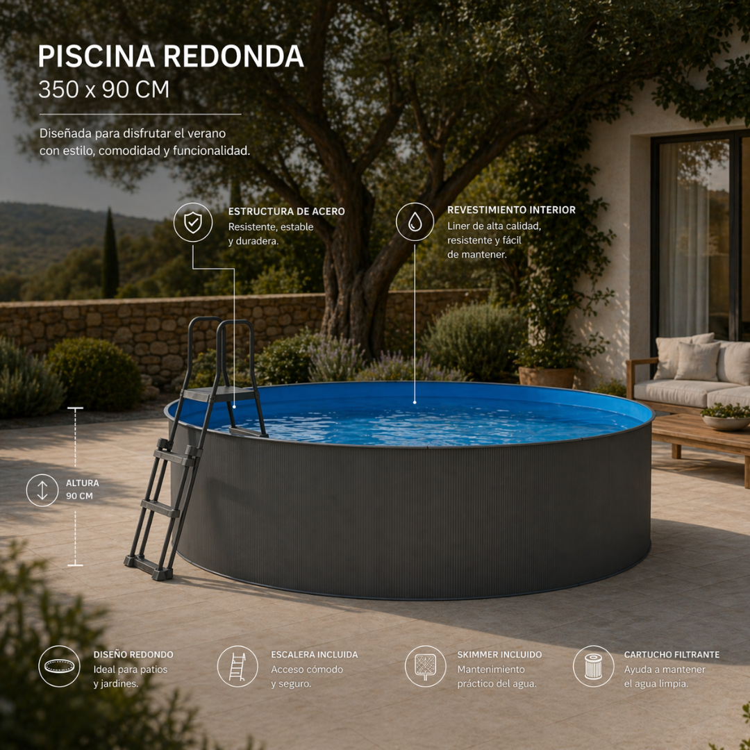 Piscina sopraelevata senza opere in acciaio rotonda antracite 350 x 90 cm