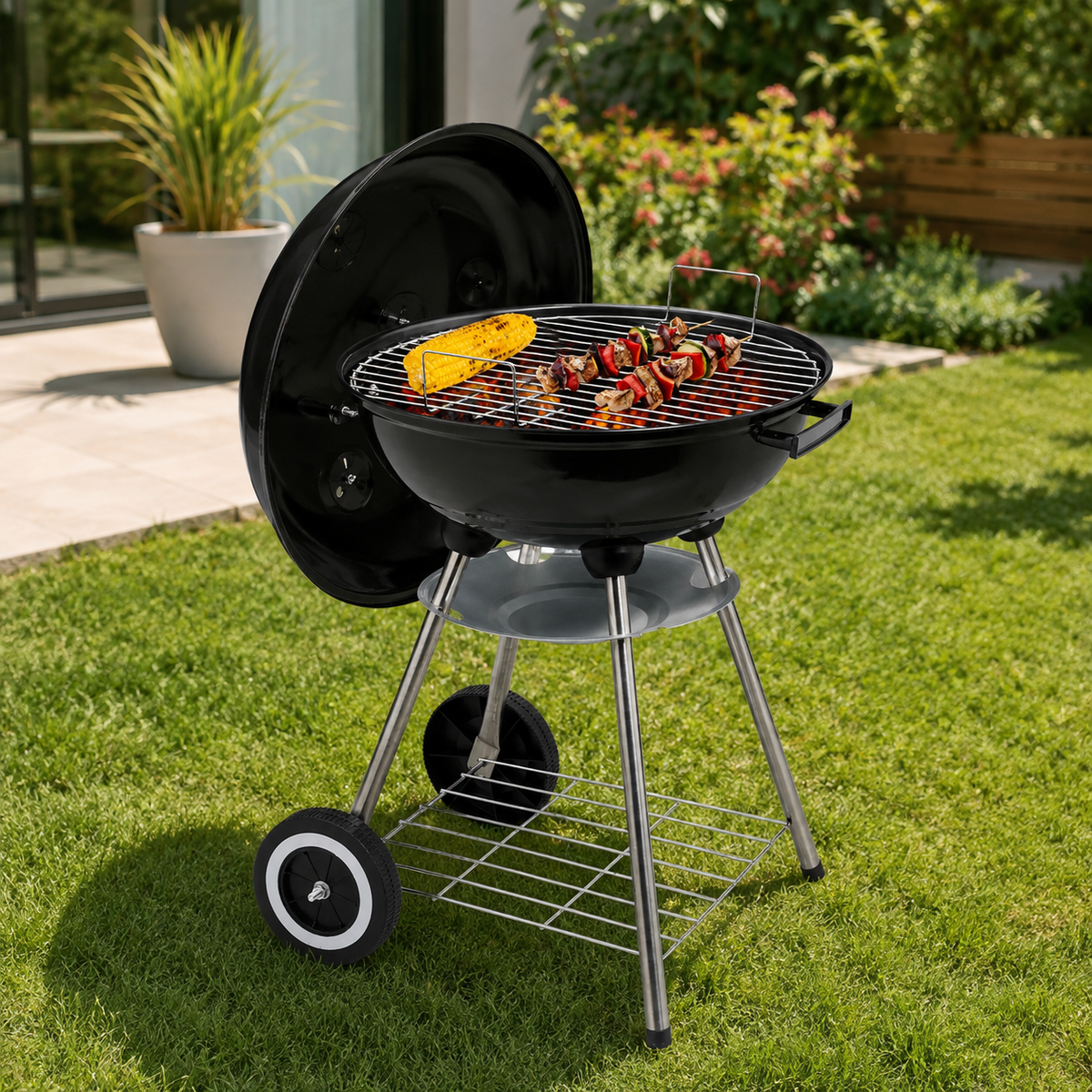 Barbacoa de Carbón Redonda Portátil con Tapa y Ventilación