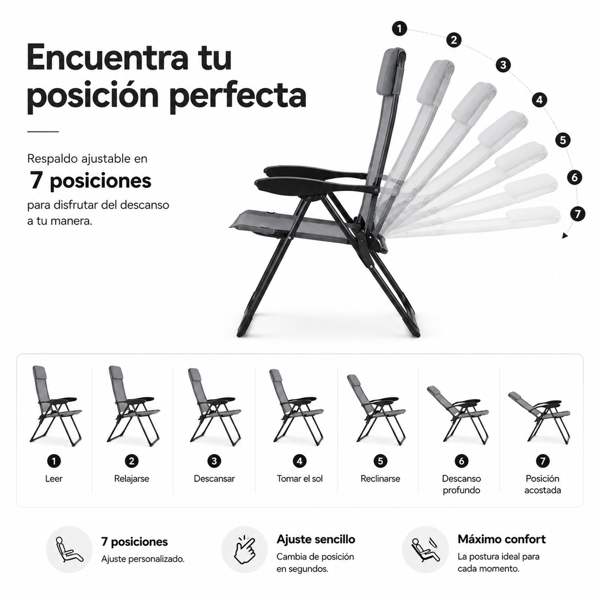 Pack de 2 Sillas Plegables Reclinables 7 Posiciones Respaldo Alto Exterior