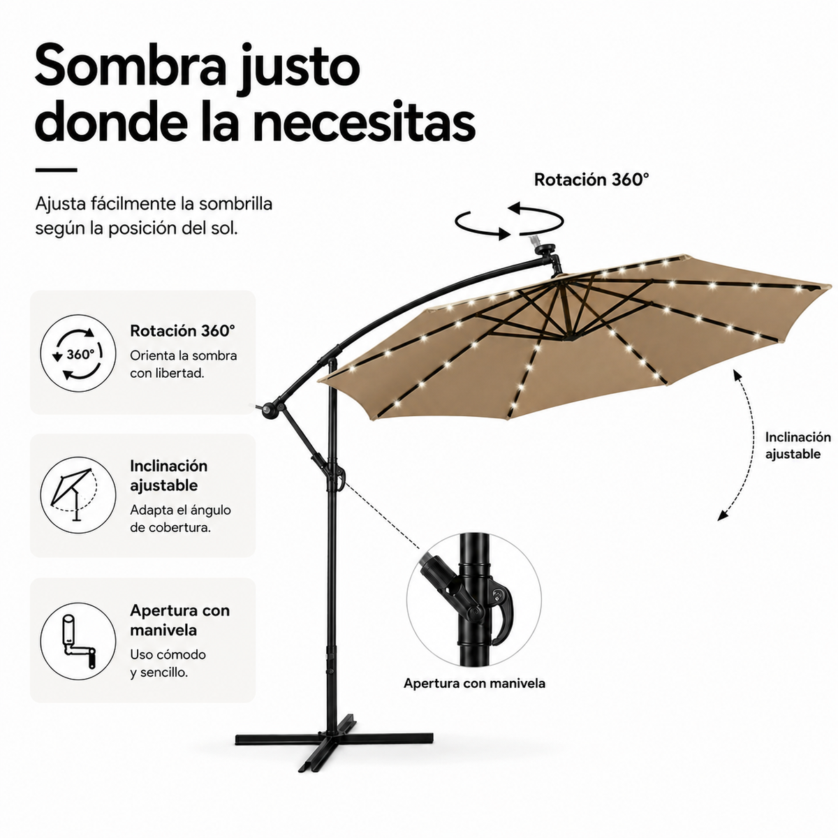Sombrilla Lateral 3 metros De Jardín Kaki Con LED E Inclinación 360°