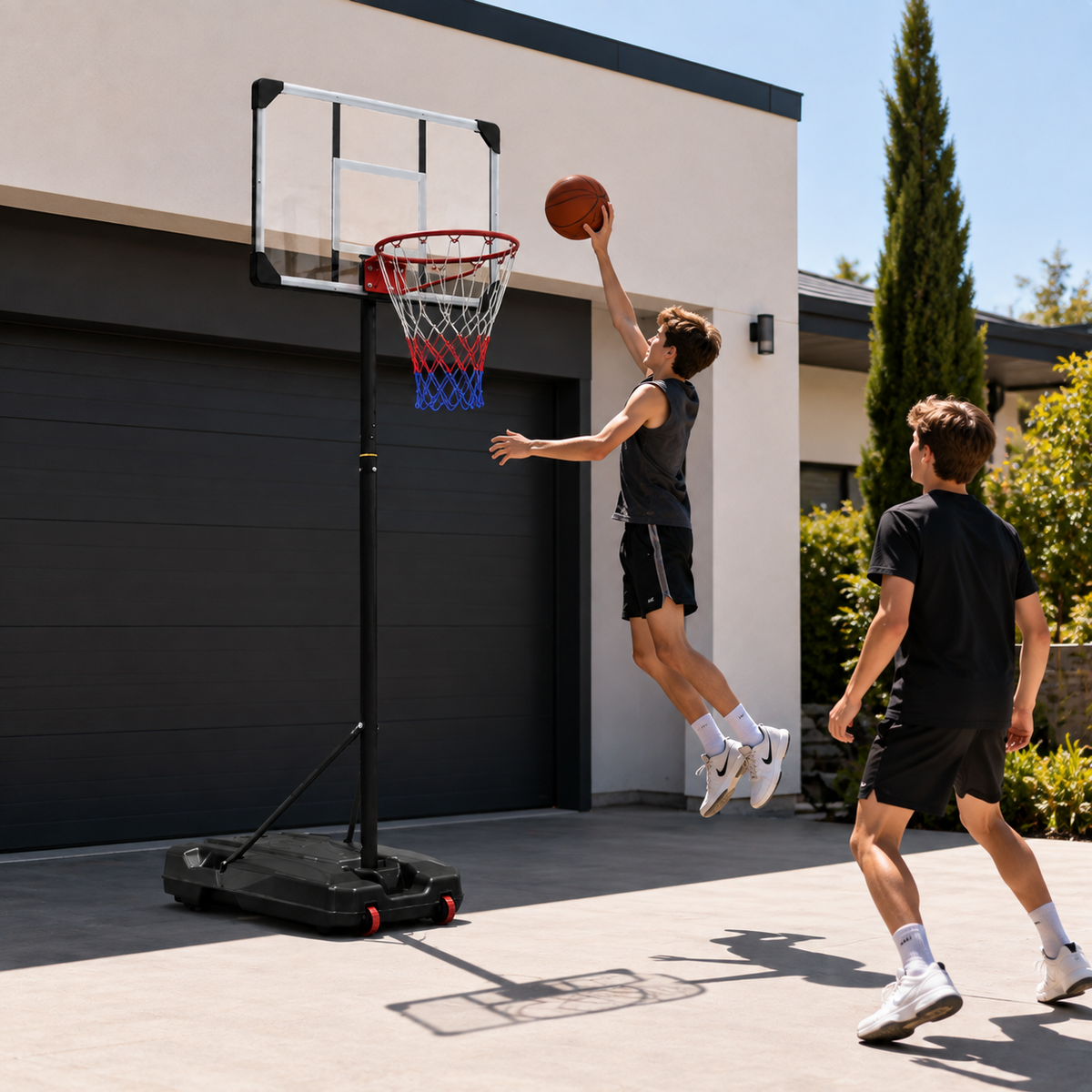 Tabela de basquetebol portátil regulável 1,6-2,1 m com base com rodas