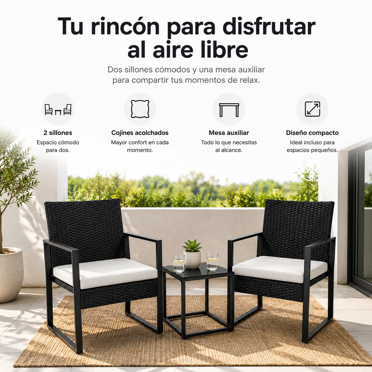 Ensemble de jardin extérieur en rotin PE 3 pièces avec coussins rembourrés