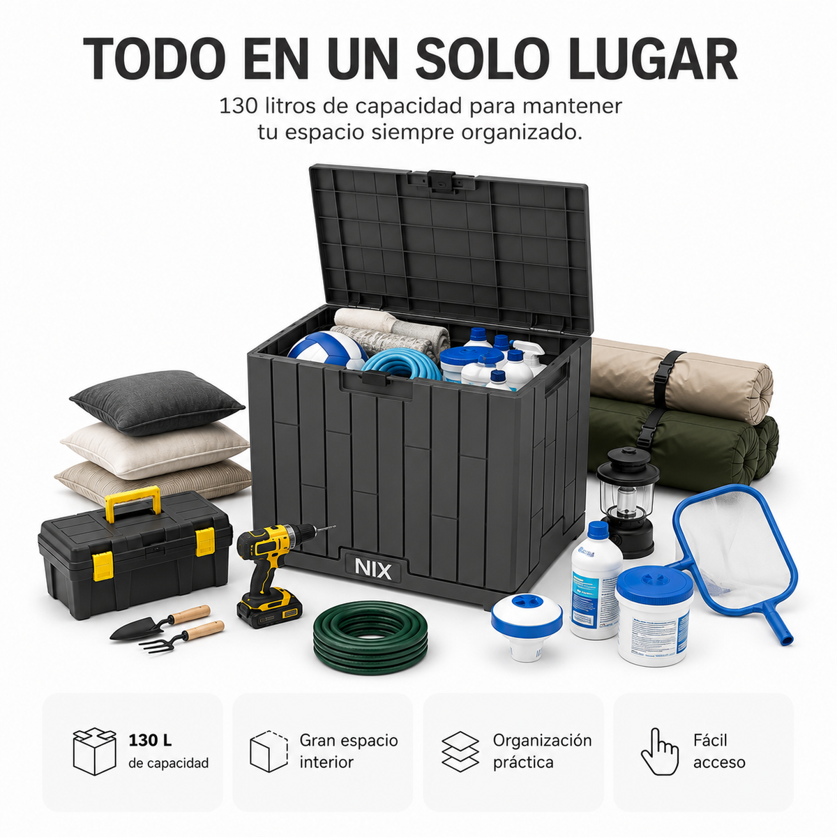 Baú De Armazenamento Exterior Impermeável 130 L Com Tampa Reforçada