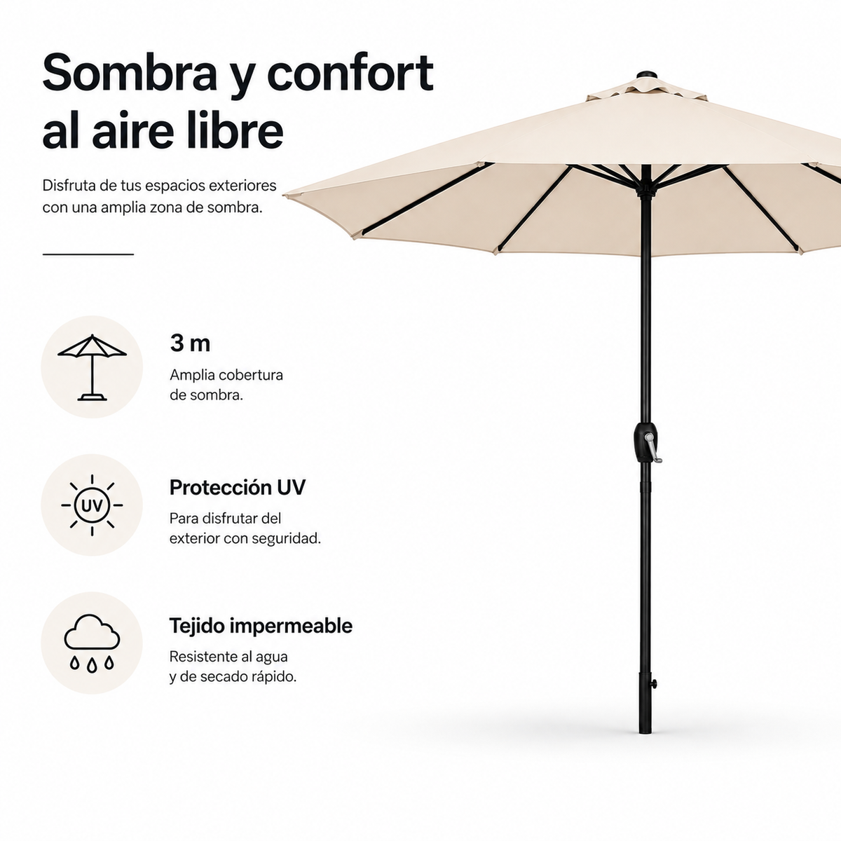 Ombrellone da giardino regolabile di 3 metri con manovella beige