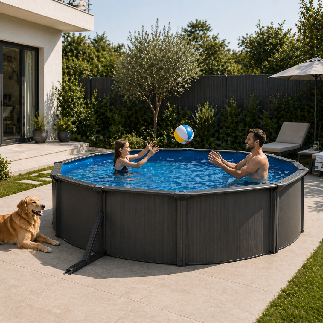 Piscina elevada sin obra de acero ovalada antracita