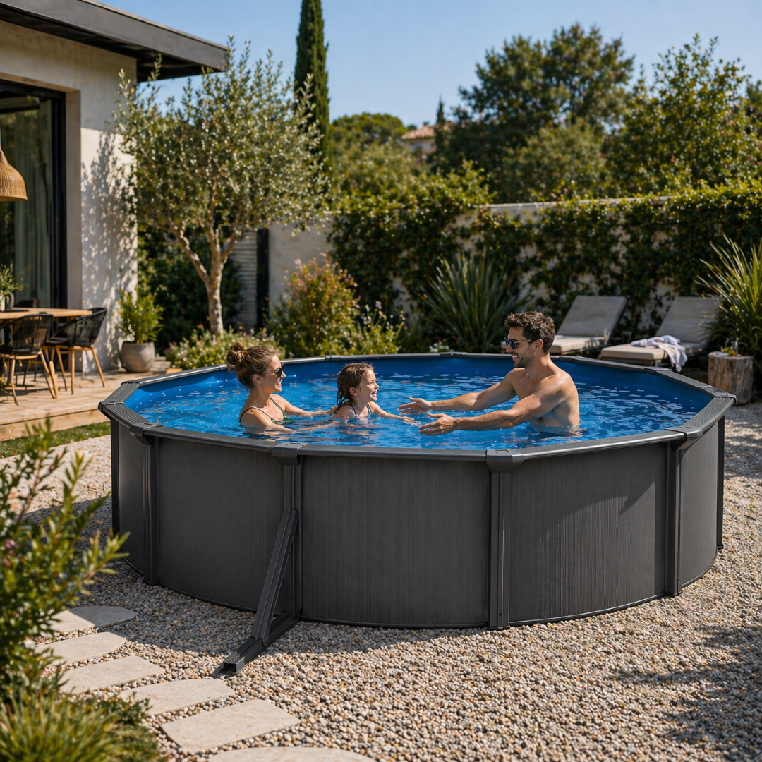 Piscina elevada sin obra de acero ovalada antracita