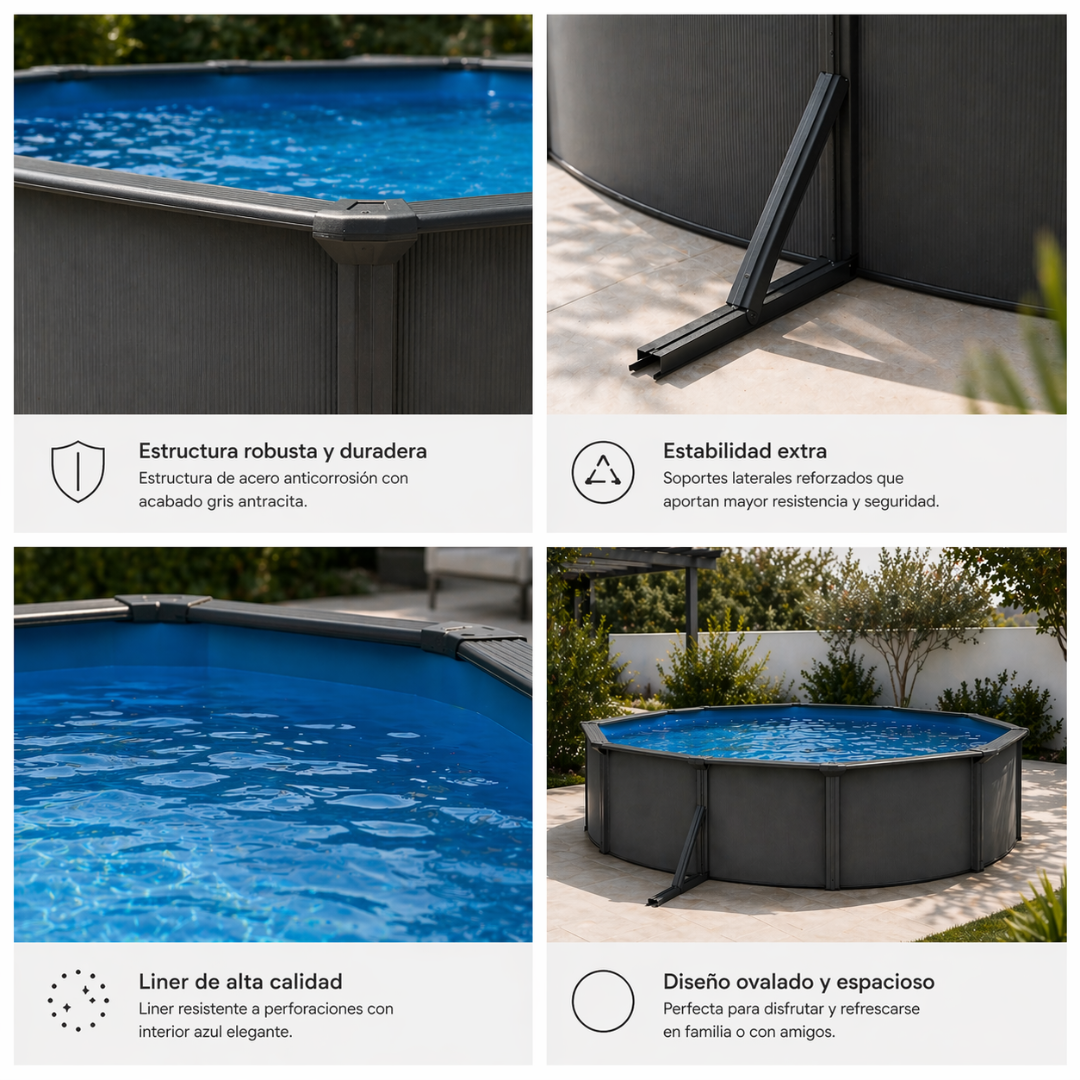 Piscina elevada sin obra de acero ovalada antracita