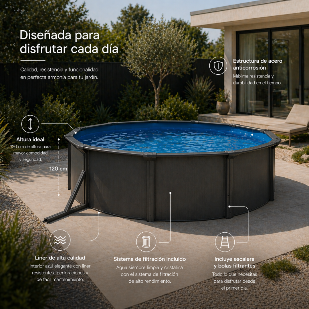 Piscina elevada sin obra de acero ovalada antracita