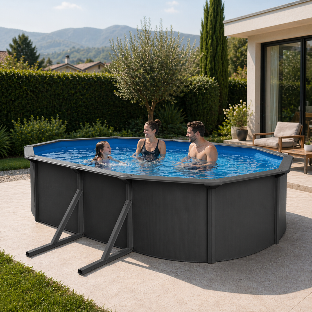 Piscina elevada sin obra de acero ovalada antracita