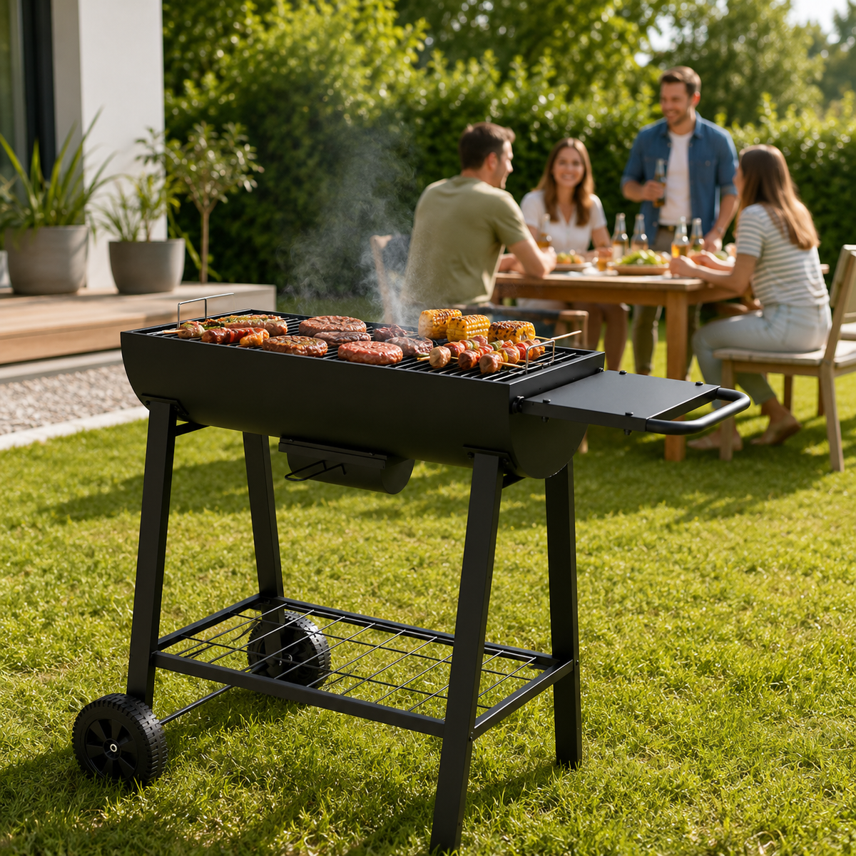 Tragbarer Holzkohlegrill mit großem Grillrost und Rädern