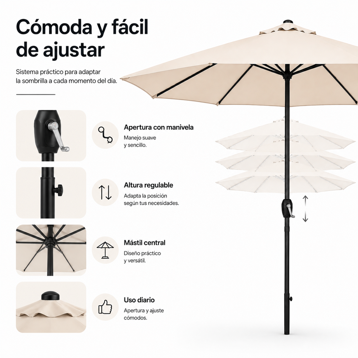Ombrellone da giardino regolabile di 3 metri con manovella beige