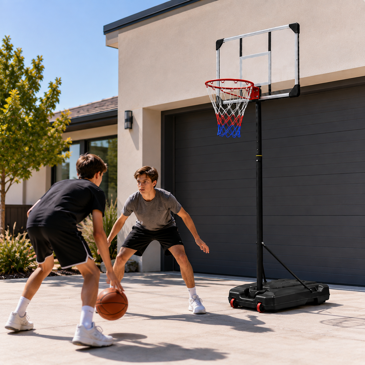 Tabela de basquetebol portátil regulável 1,6-2,1 m com base com rodas