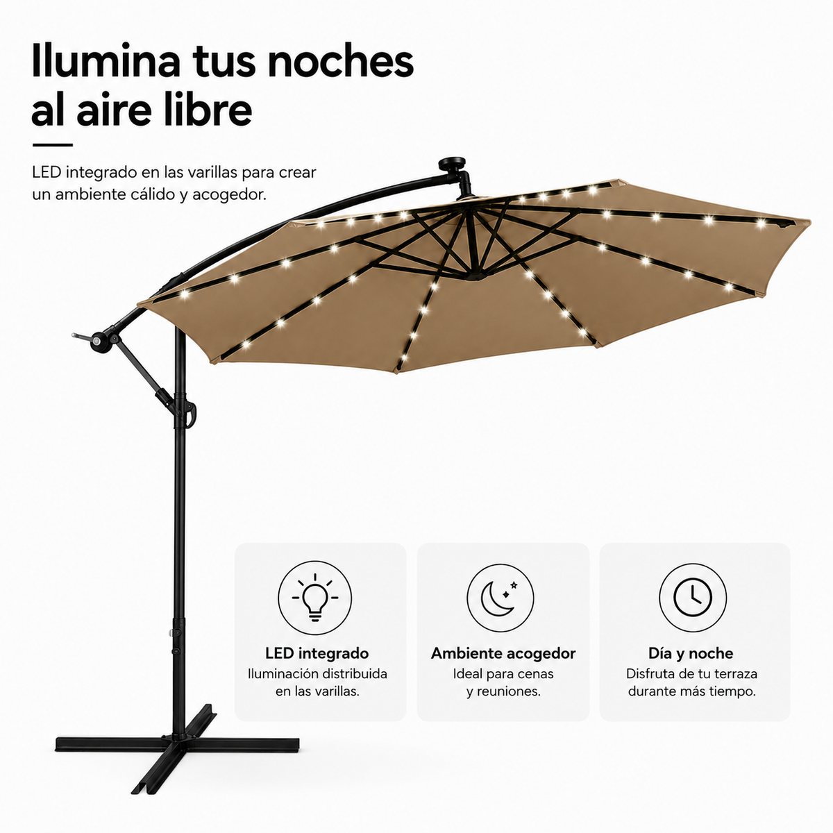 Sombrilla Lateral 3 metros De Jardín Kaki Con LED E Inclinación 360°