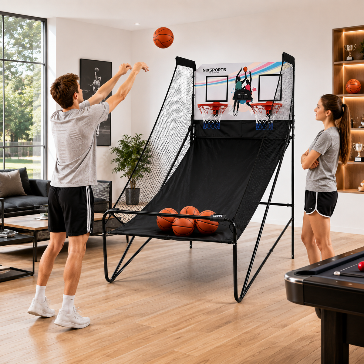 Canestro basket doppio arcade per bambini pieghevole con tabellone elettronico