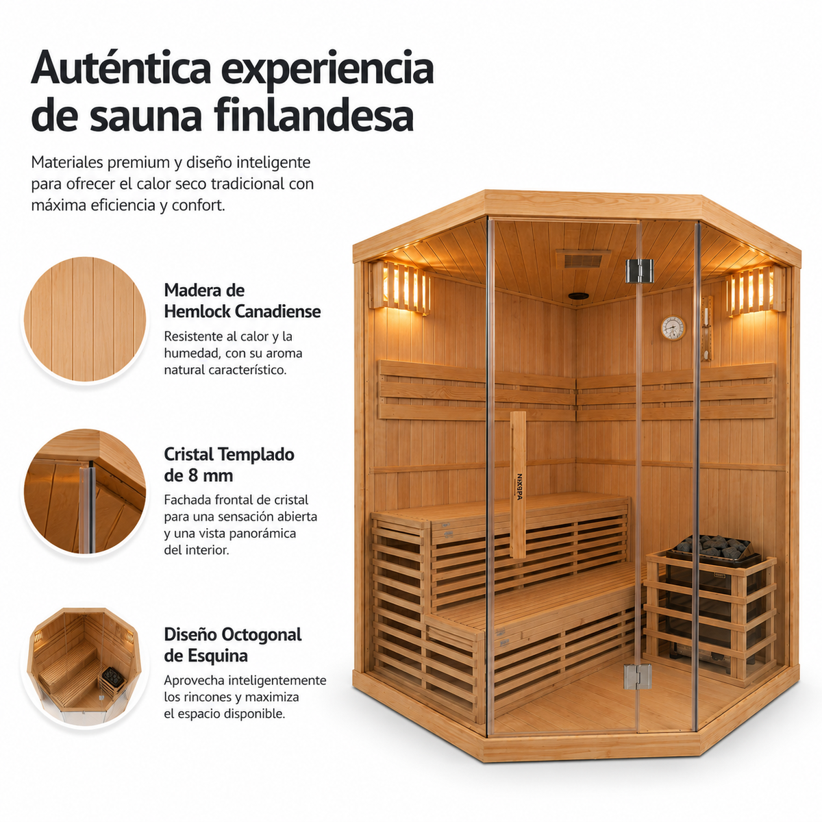 Eck-Finnische Sauna für 4-5 Personen aus kanadischem Hemlock-Holz