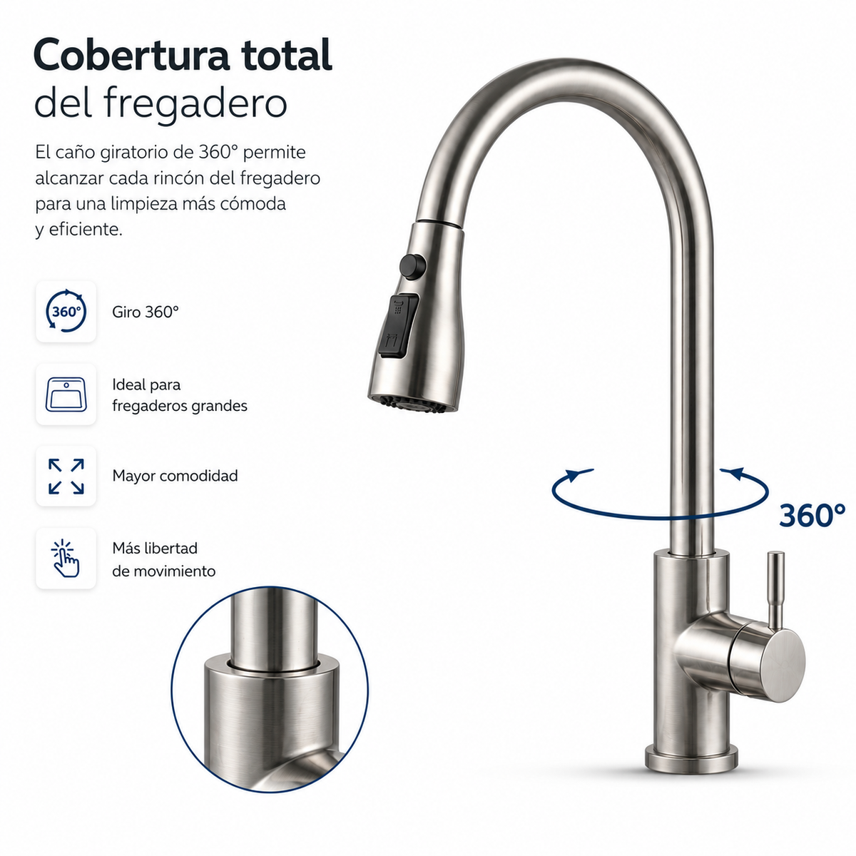 Rubinetto da Cucina Estraibile a 360 Gradi in Acciaio Inox