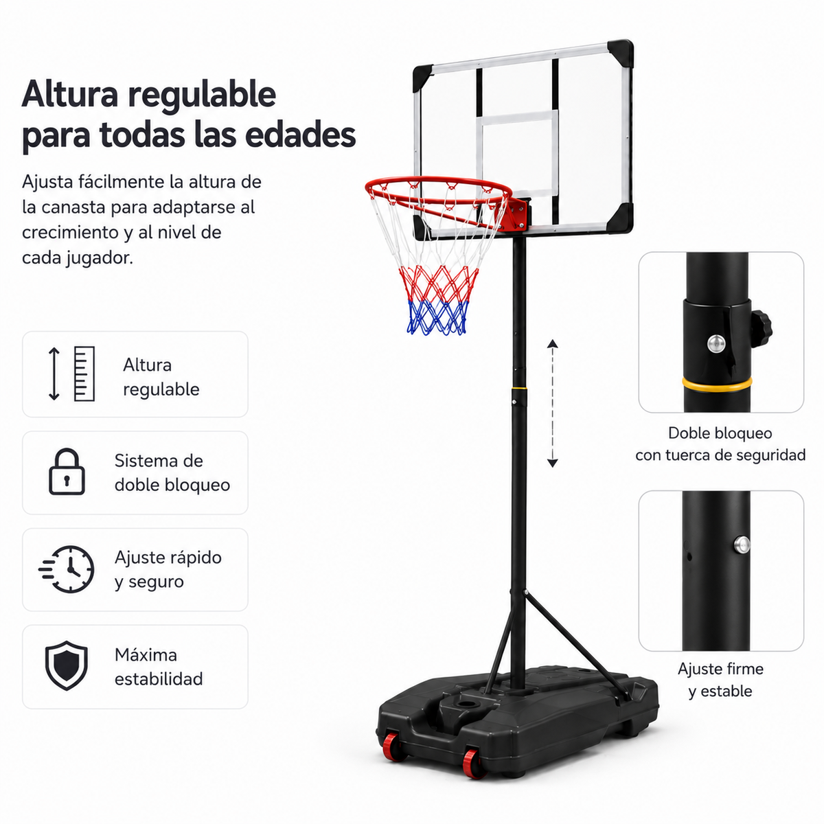 Tabela de basquetebol portátil regulável 1,6-2,1 m com base com rodas