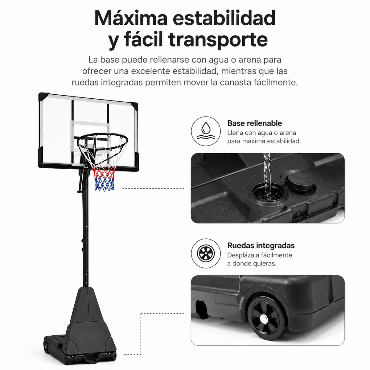 Tabela de basquetebol exterior regulável 2,45-3,1 m com rodas