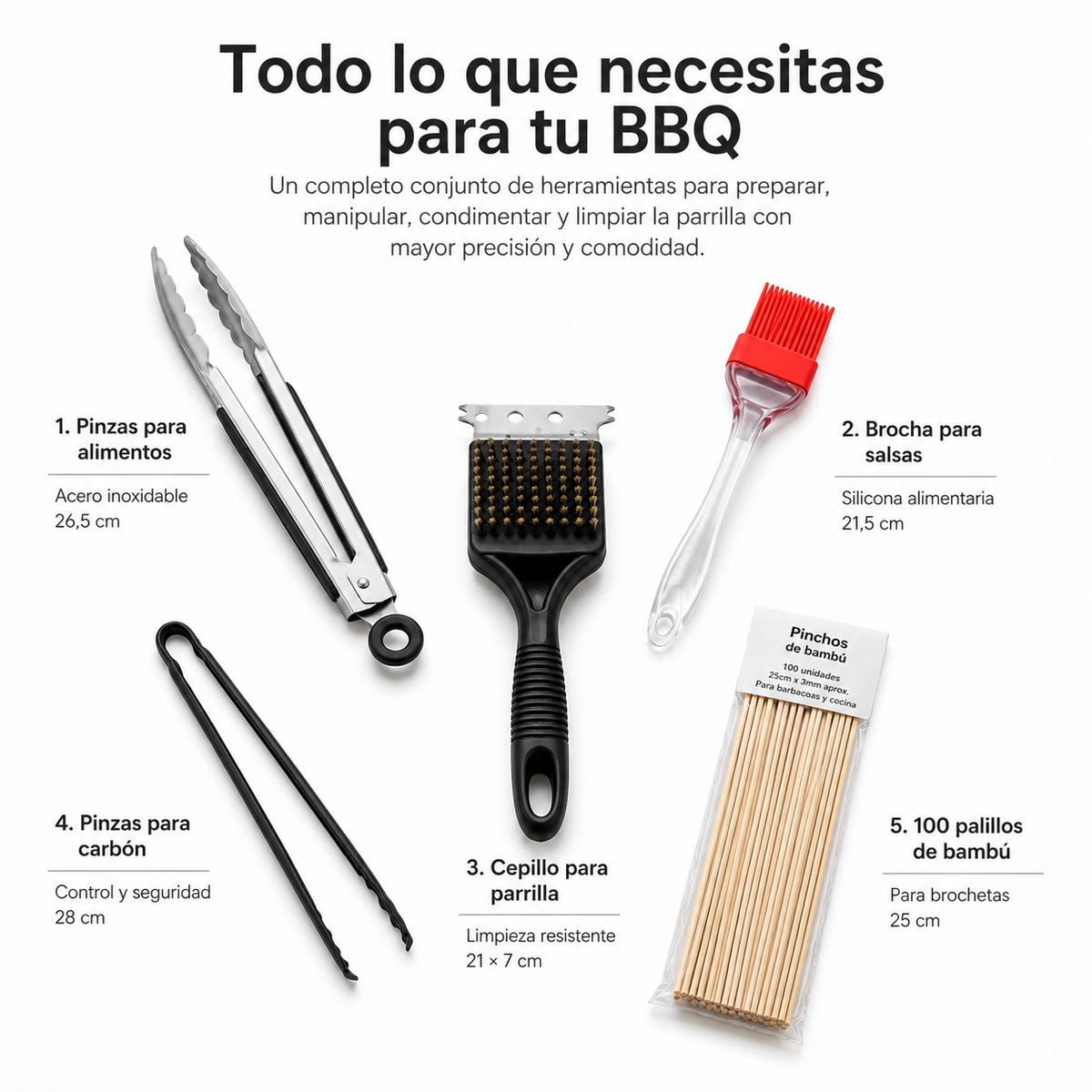 Set Profesional Utensilios Barbacoa 5 Piezas Inoxidable Mangos Silicona