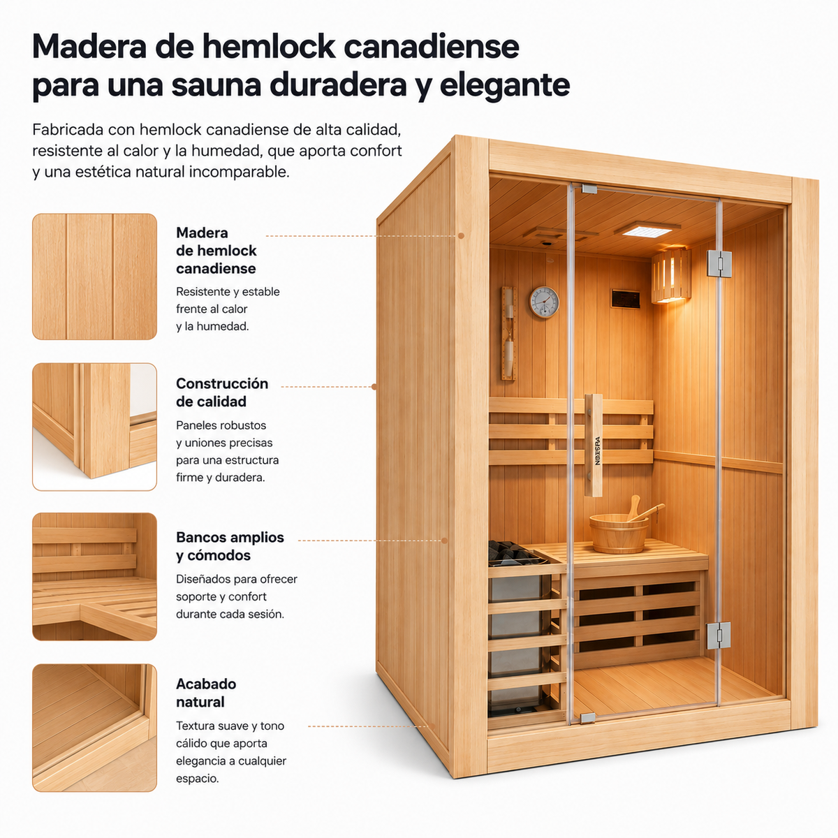 Finnische Sauna für 3 Personen aus kanadischem Hemlock-Holz