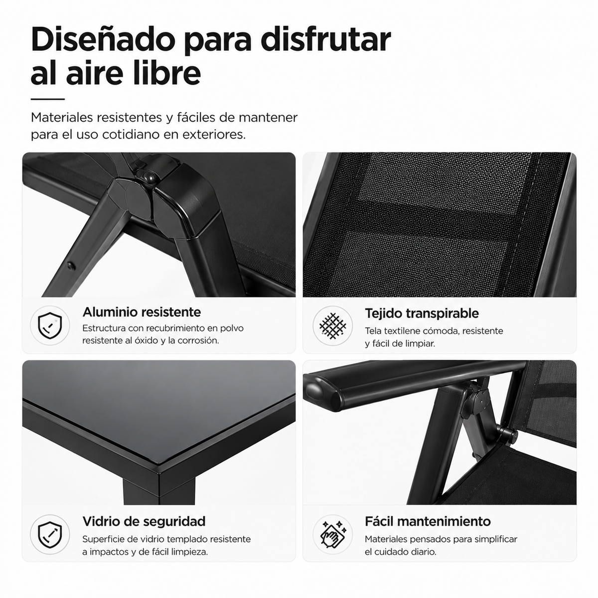 Garten-Set aus beschichtetem Aluminium, 9-teilig, Glastisch