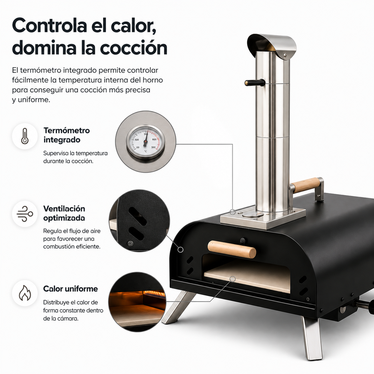 Horno De Pizza Portátil A Carbón Con Chimenea Y Termómetro Integrado