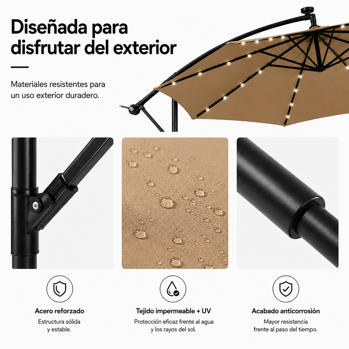 Sombrilla Lateral 3 metros De Jardín Kaki Con LED E Inclinación 360°