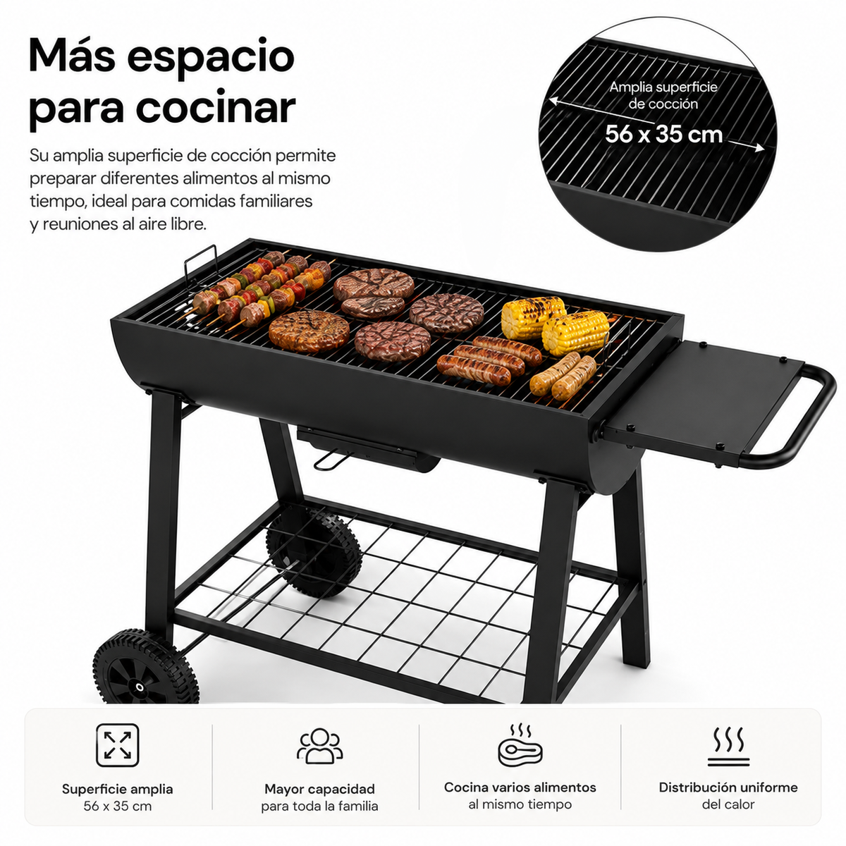 Tragbarer Holzkohlegrill mit großem Grillrost und Rädern