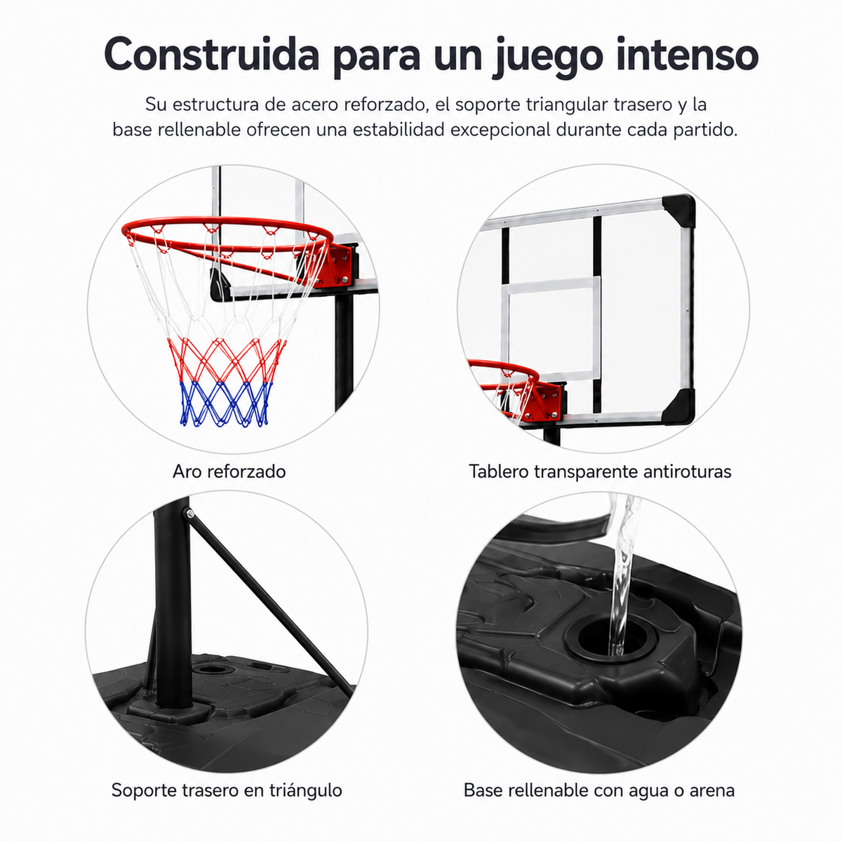 Tabela de basquetebol portátil regulável 1,6-2,1 m com base com rodas