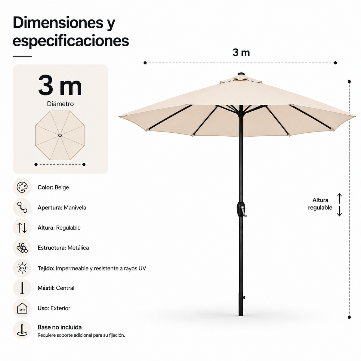 Ombrellone da giardino regolabile di 3 metri con manovella beige