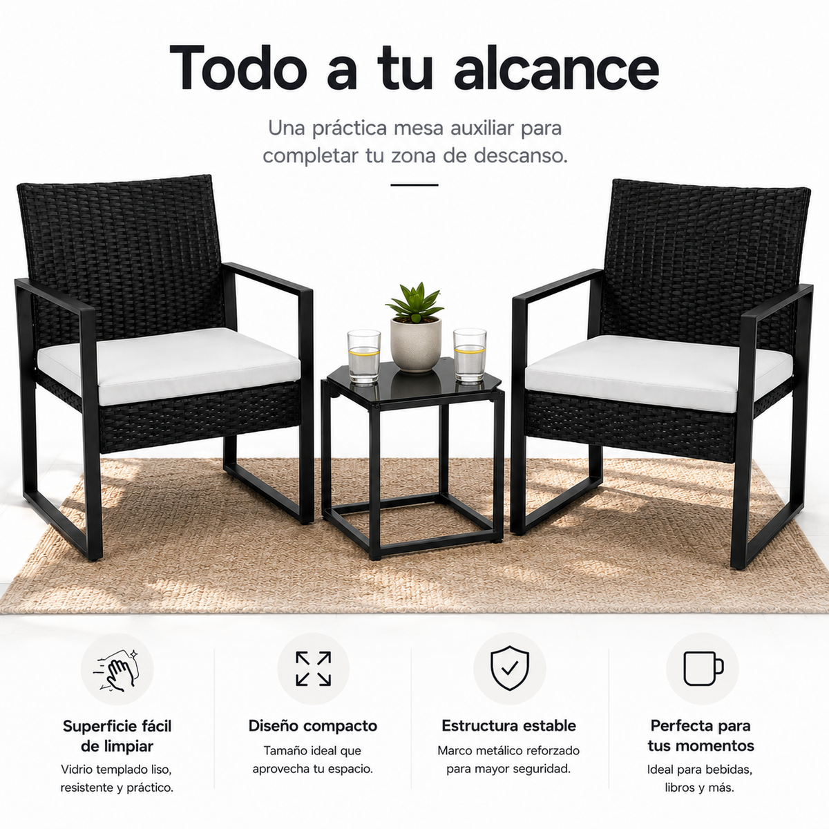 Ensemble de jardin extérieur en rotin PE 3 pièces avec coussins rembourrés