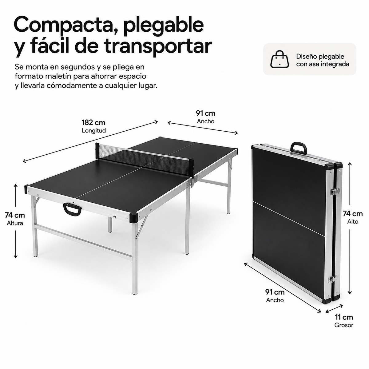 Table de ping-pong pliante avec filet 182x91 cm