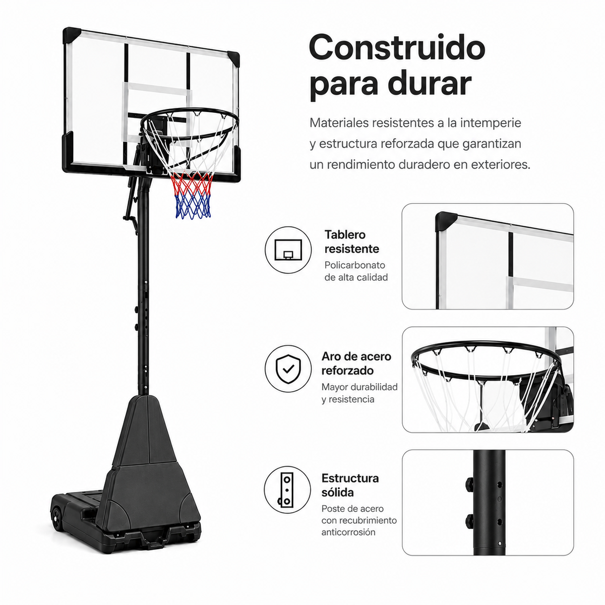 Tabela de basquetebol exterior regulável 2,45-3,1 m com rodas
