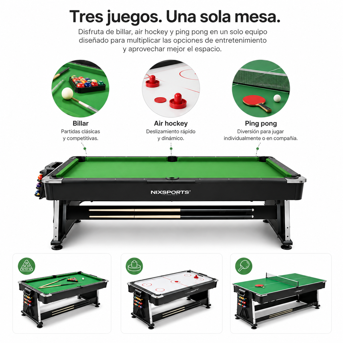 Table multijeux 3 en 1 billard et ping-pong 210 cm