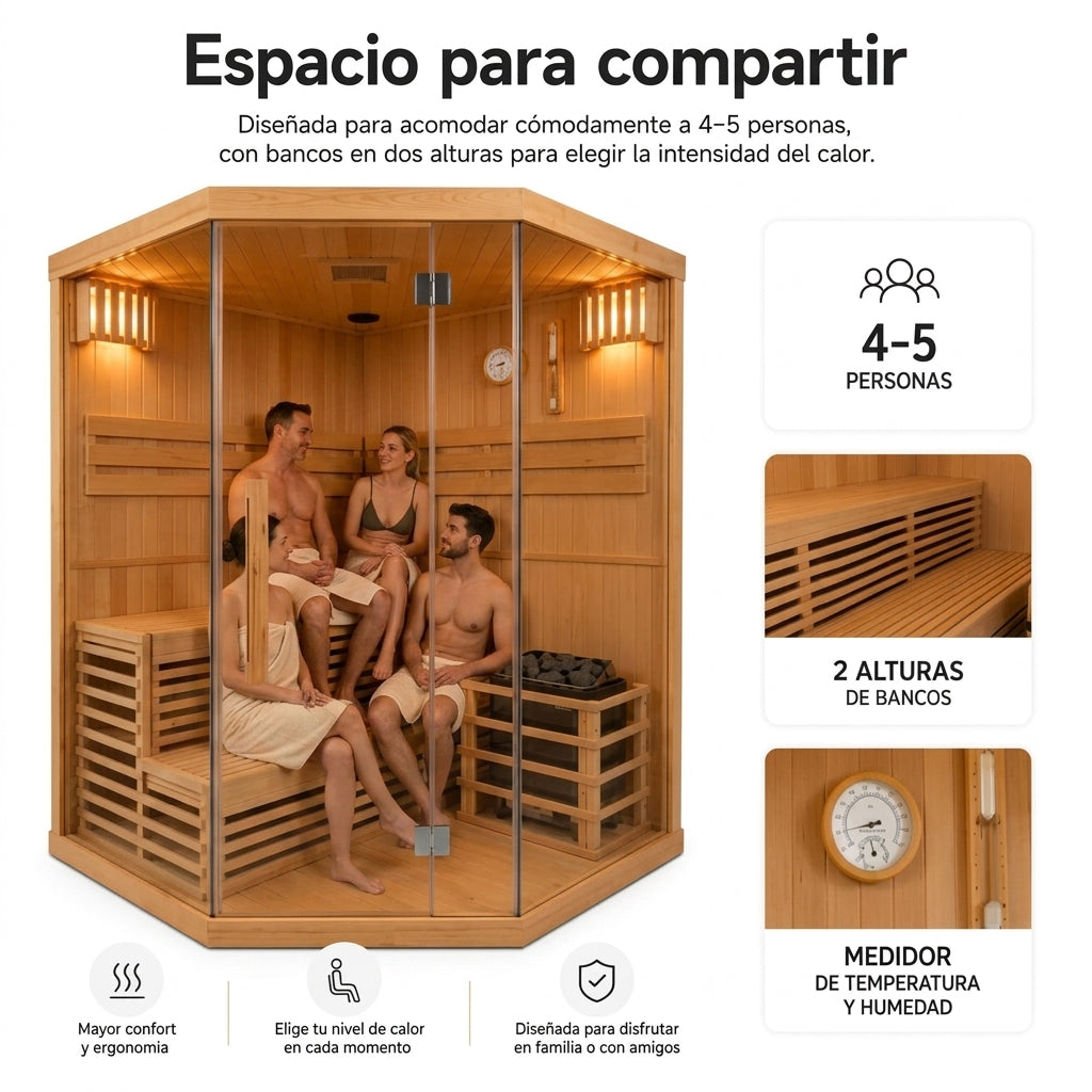 Eck-Finnische Sauna für 4-5 Personen aus kanadischem Hemlock-Holz