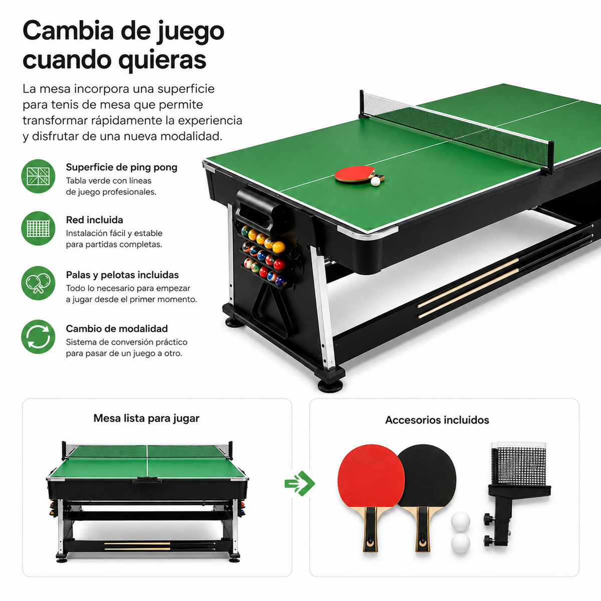 Table multijeux 3 en 1 billard et ping-pong 210 cm