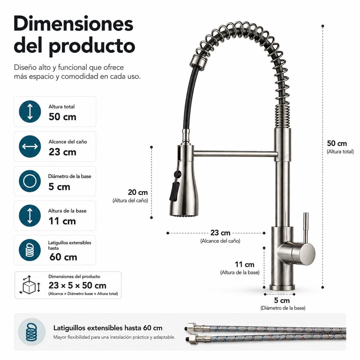 Grifo De Cocina Extraíble 360 Grados Con Ducha Extensible Acero Inoxidable