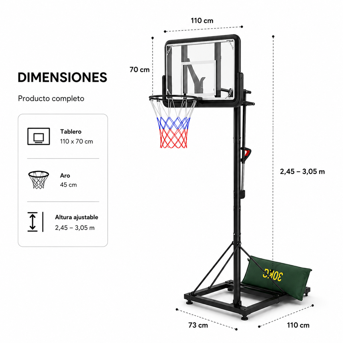 Canasta de Baloncesto con Altura Regulable 2,45-3,05 m