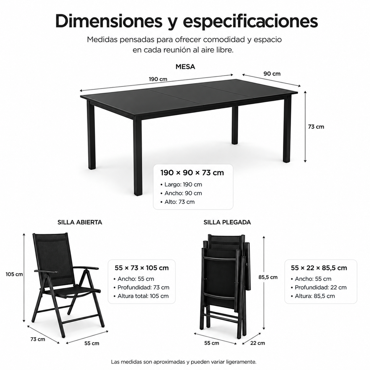 Garten-Set aus beschichtetem Aluminium, 9-teilig, Glastisch