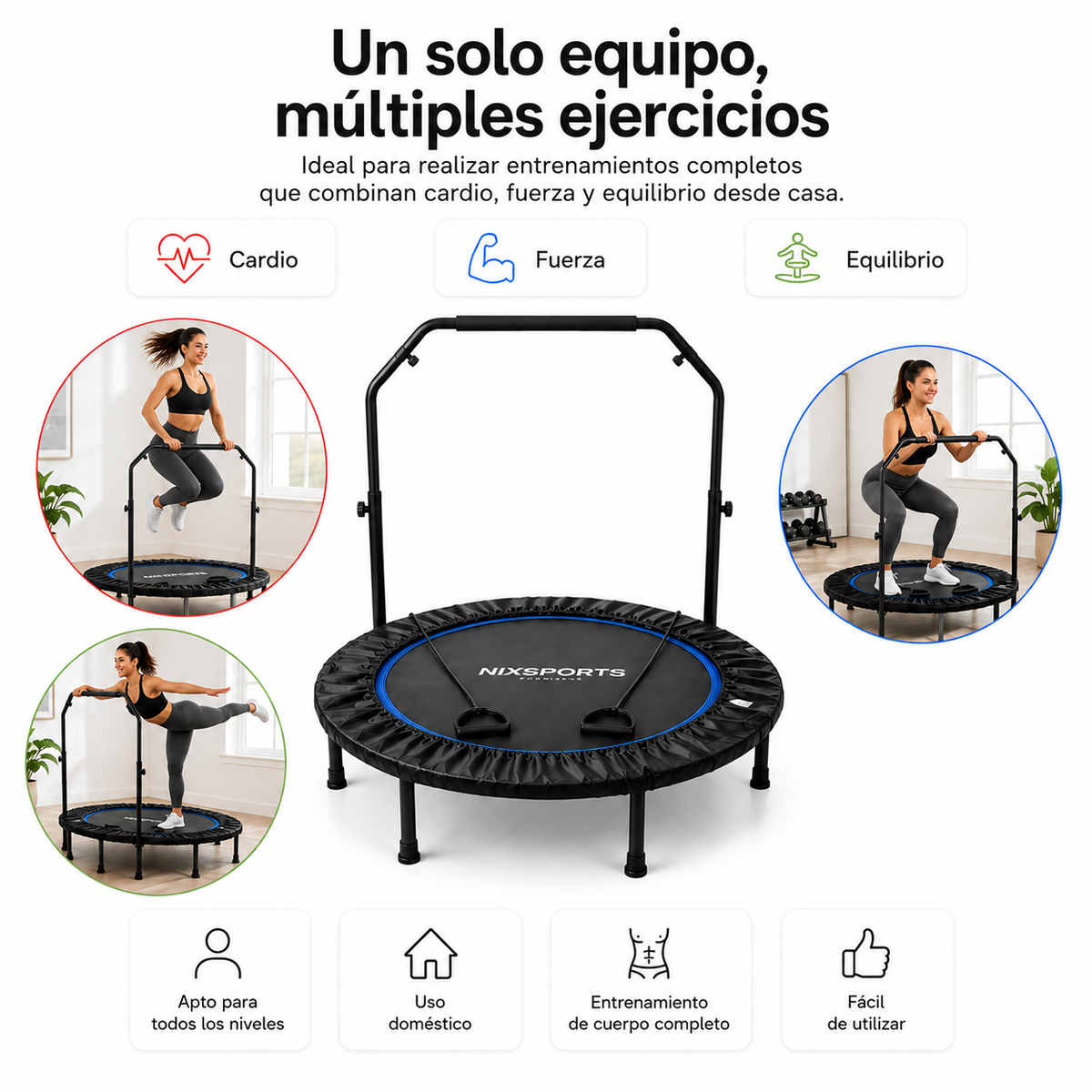 3-in-1 Fitness-Trampolin mit verstellbarer Stange